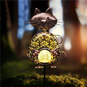 Garden Solar Lights Metal Cat Crackle Glass Globe Stake Lights, Waterproof